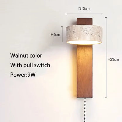 Wabi Sabi Travertine Stone Wall Lamp in Walnut, Pull Switch, Warm White