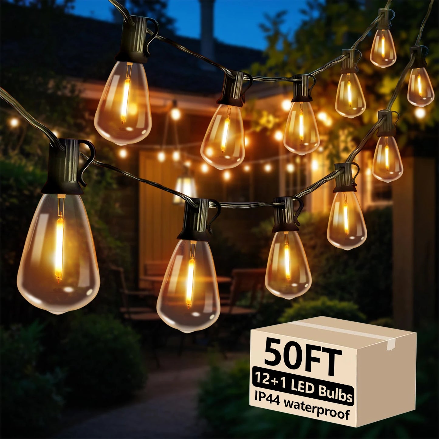 50FT ST38 LED Globe String Lights, 12 Bulbs 2700K Warm White, E12 High Voltage, Black Cable with Hooks & Replaceable Line