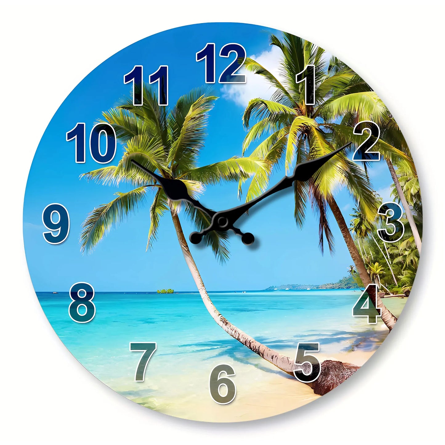 1pc round wooden wall clock, tropical summer blue Sky beach and coconut tree design wall clock, silent clock, for living room be
