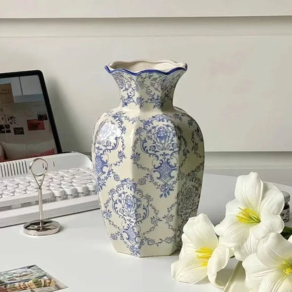 Hand-Painted Blue and White Porcelain Vase in White