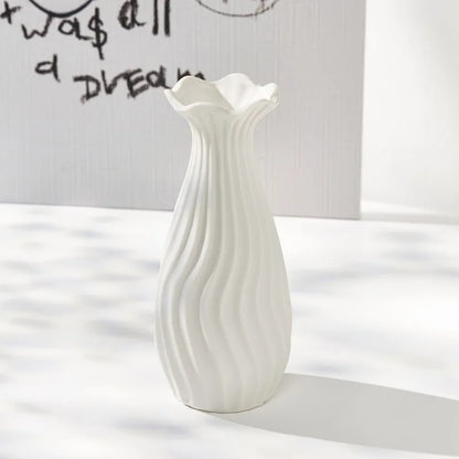 Nordic White Ceramic Vase in Ribbed Tulip