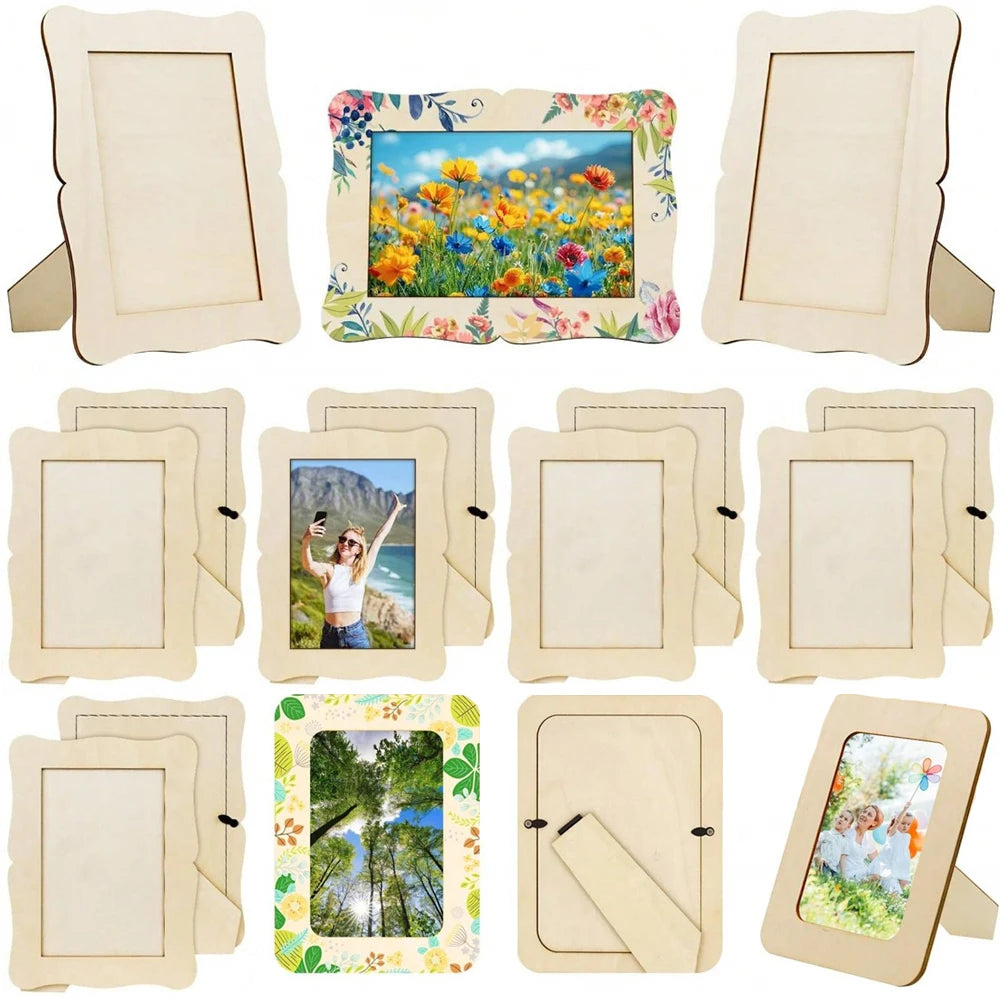5/20Pcs Unfinished Wooden Frames Wavy/Rectangle Photo Holder DIY Painting Crafts Photo Display Stand Home Office Desktop Decor