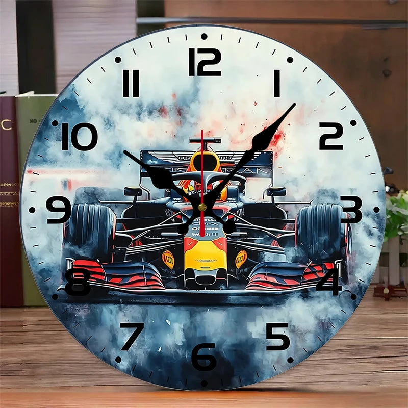 Racing Theme Wooden Round Silent Hanging Wall Clock, Suitable For Living Room, Office, Study Room, Bedroom, Home Decoration
