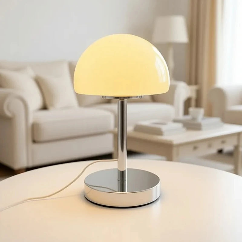 Mushroom Dome Glass Table Lamp, Metal Column Base, Nordic Retro Bedroom Bedside Ambient Light, Niche Design Hit