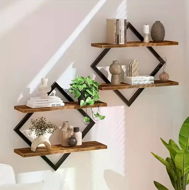 Rustic Brown 2-Layer Geometric Diamond Floating Shelf Set - Industrial Metal Wire & Wooden Shelves, Minimalist Artistic House Decor, Suitable for Living Room, Kitchen, Storage