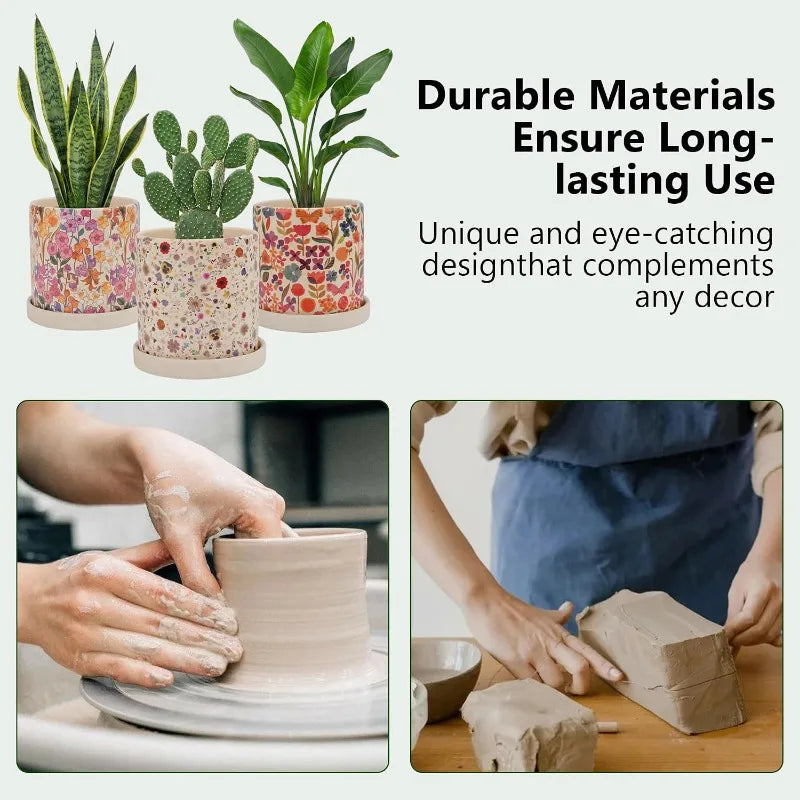 3Pcs Floral Ceramic Planters with Drainage Holes Saucers Indoor Outdoor Pots for Succulent Cactus Snake Plant Garden Decor