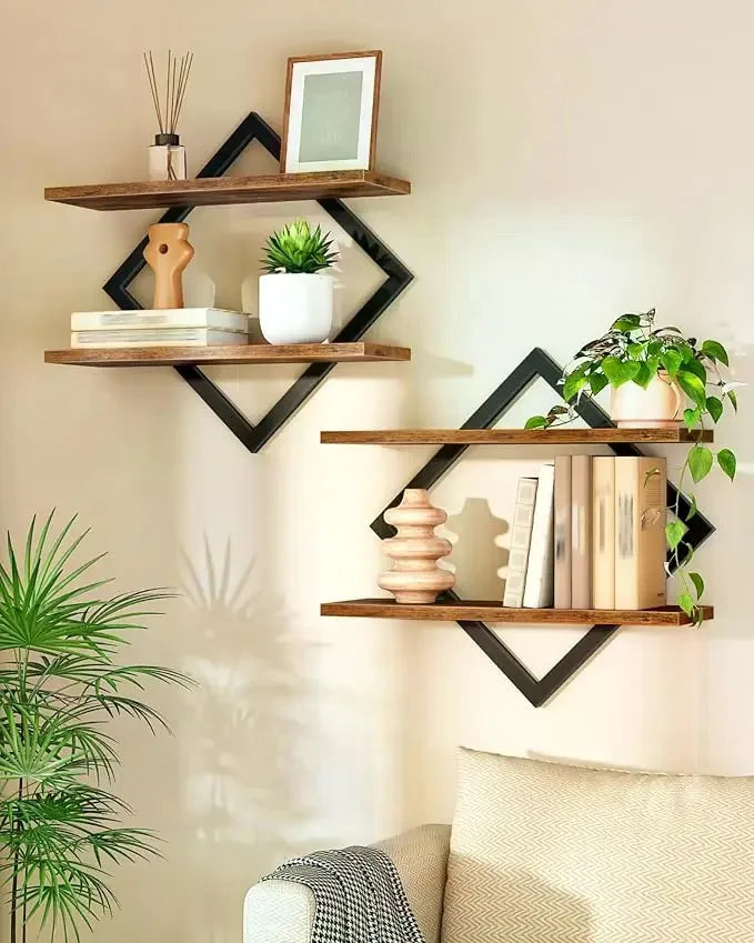 Rustic Brown 2-Layer Geometric Diamond Floating Shelf Set - Industrial Metal Wire & Wooden Shelves, Minimalist Artistic House Decor, Suitable for Living Room, Kitchen, Storage