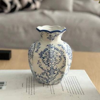 Hand-Painted Blue and White Porcelain Vase in Ivory