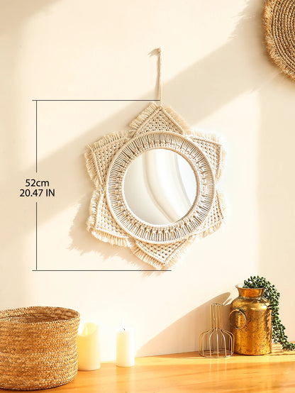 Macrame Round Wall Mirror in Cream Sunburst