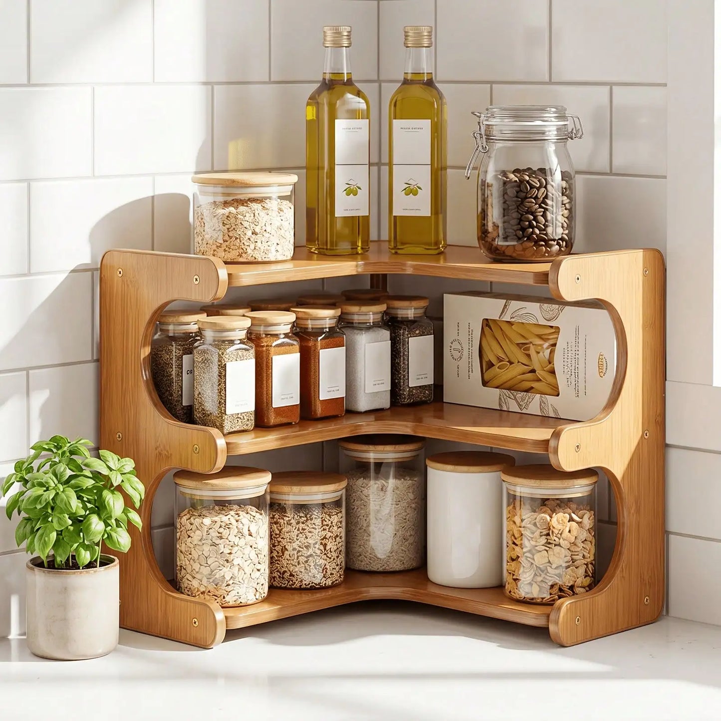 Freestanding Wood Corner Organizer Shelf, Space Saving Drill-Free Multi-Tier Storage Rack, Sturdy Washable Display Shelving for Bathroom Kitchen Living Room Study Home Decor
