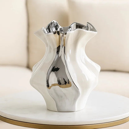 Wave Textured Ceramic Vase in Chrome & White