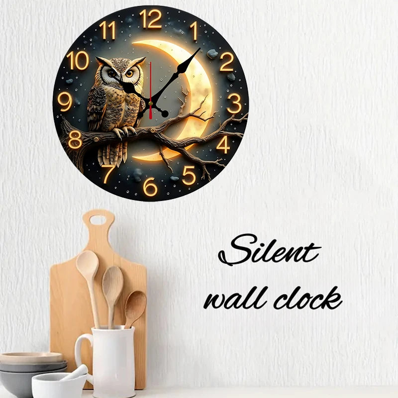 Moonlight Night Wooden Round Silent Hanging Wall Clock, Suitable For Living Room, Office, Study Room, Bedroom, Home Decoration