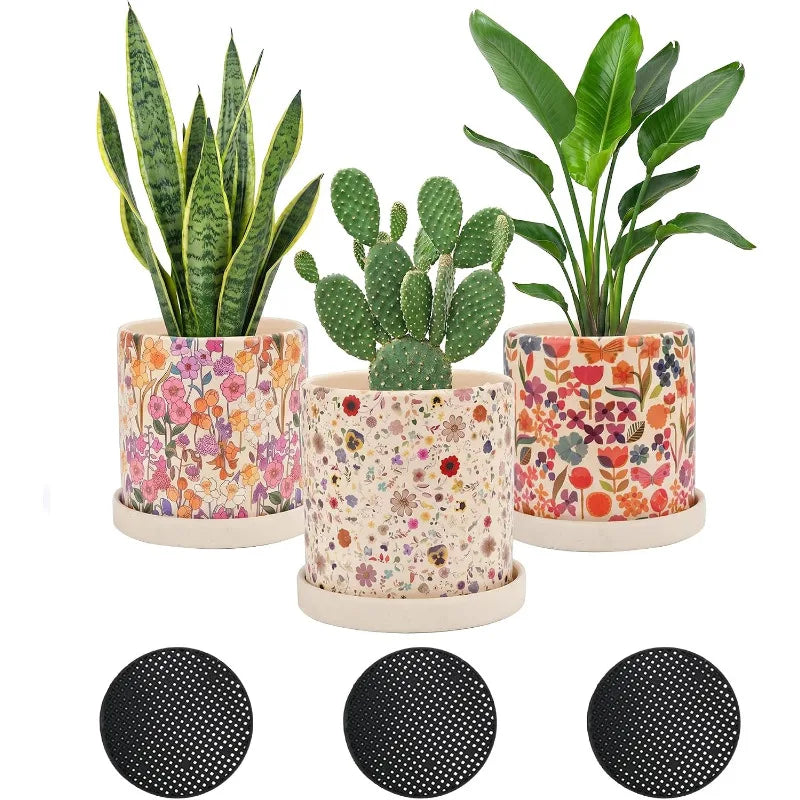 3Pcs Floral Ceramic Planters with Drainage Holes Saucers Indoor Outdoor Pots for Succulent Cactus Snake Plant Garden Decor