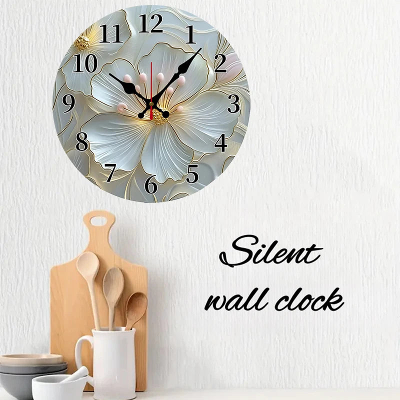 2D-flat Golden & Pink Floral Wooden Round Silent Hanging Wall Clock, For Living Room,Office, Study Room,Bedroom,Home Decoration