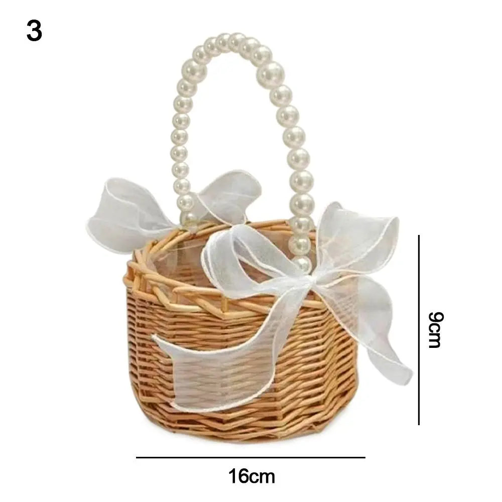 Willow Rattan Half Moon Basket in Pearl Handle, Bow
