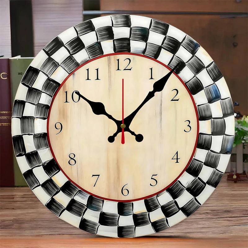 Black And White Grid Wooden Round Silent Hanging Wall Clock,Suitable For Living Room,Office,Study Room,Bedroom,Home Decoration