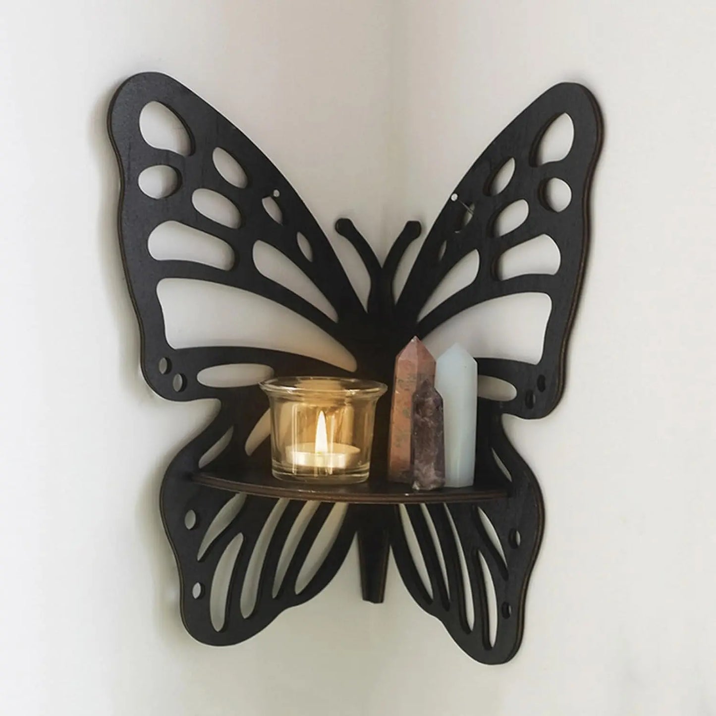 Butterfly Wall Shelf Wooden Floating Corner Bookshelf for Crystal Display Figurine Storage and Home Decor