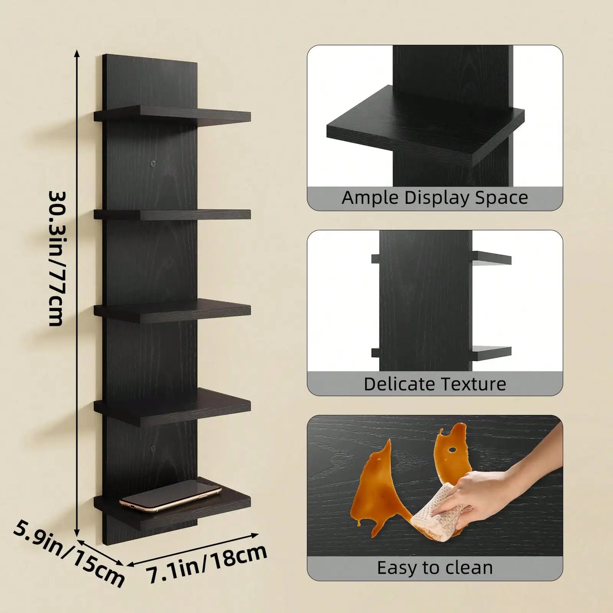 5-Tier Floating Wall Shelf, Wall Mounted Display & Storage Rack, Space Saving Organizer for Bedroom, Living Room, Office, Black/Brown
