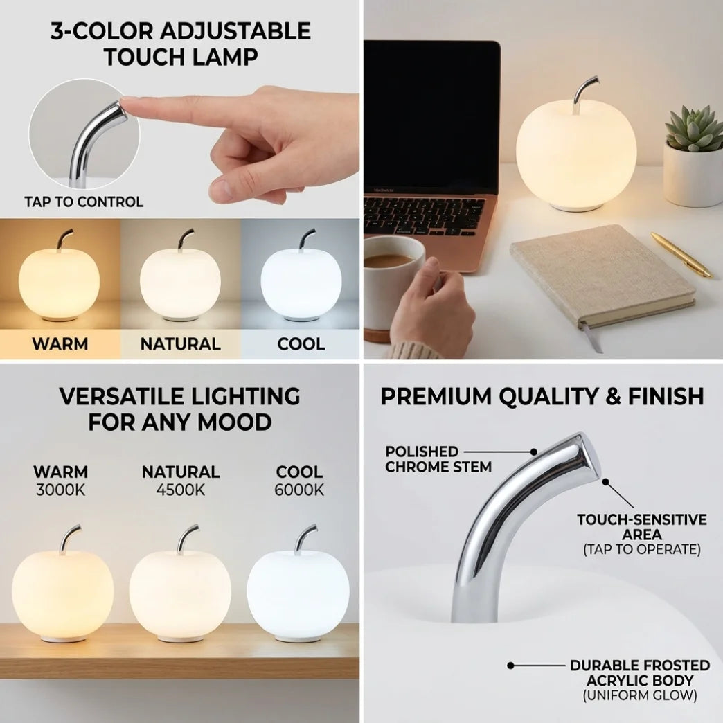Modern Minimalist Apple Glass Table Lamp, Touch Control 3-Color Dimmable LED Bedside Night Light, Elegant Artful Nordic Lamp