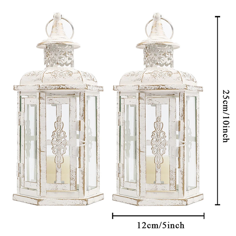 Vintage Iron Hanging Candle Lantern in White, Set of 2