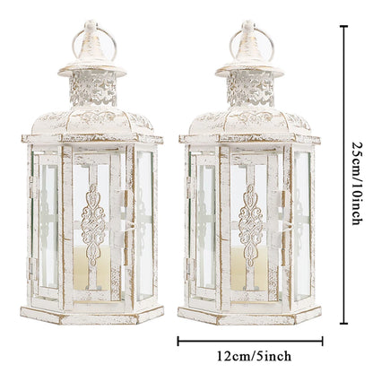 Vintage Iron Hanging Candle Lantern in White, Set of 2