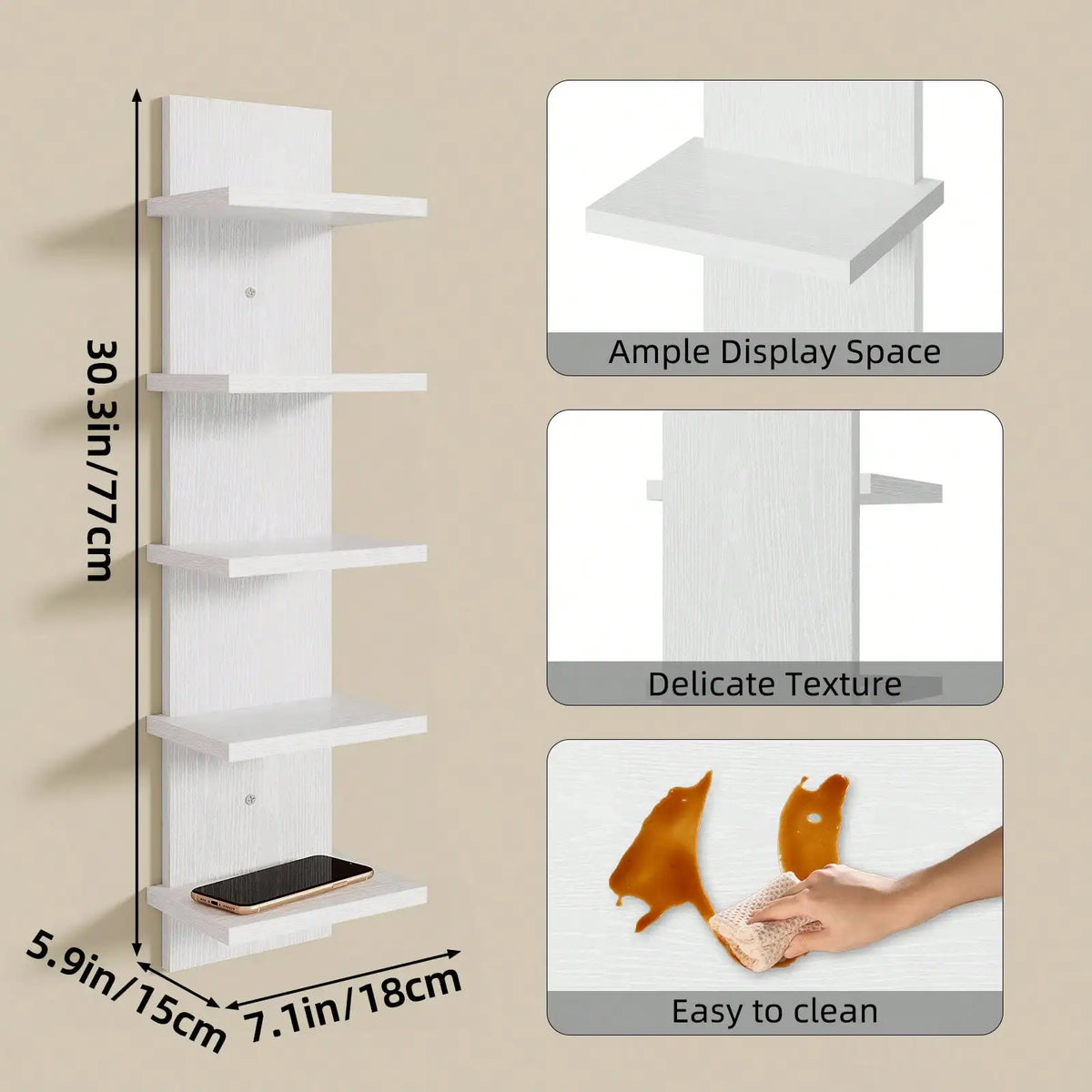 5-Tier Floating Wall Shelf, Wall Mounted Display & Storage Rack, Space Saving Organizer for Bedroom, Living Room, Office, Black/Brown