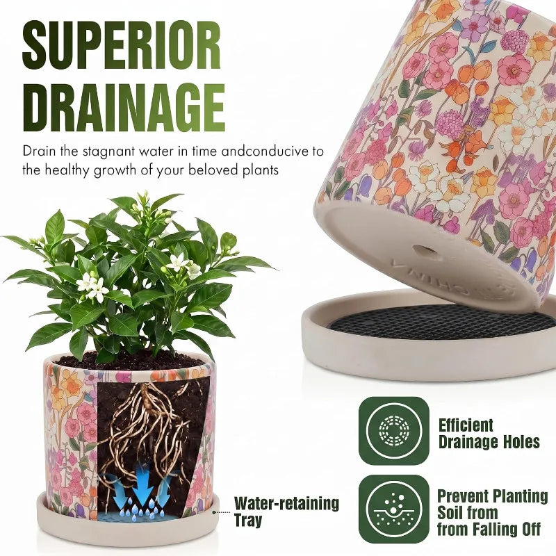 3Pcs Floral Ceramic Planters with Drainage Holes Saucers Indoor Outdoor Pots for Succulent Cactus Snake Plant Garden Decor