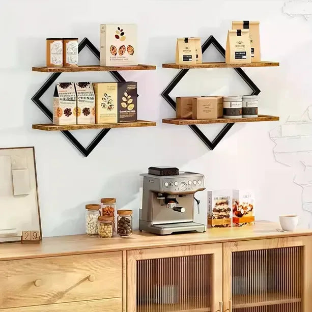 Rustic Brown 2-Layer Geometric Diamond Floating Shelf Set - Industrial Metal Wire & Wooden Shelves, Minimalist Artistic House Decor, Suitable for Living Room, Kitchen, Storage