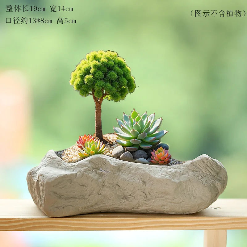 Imitation Stone Ceramic Succulent Pot Large Caliber Concave Convex Texture Desktop Micro Landscape Plant Planter