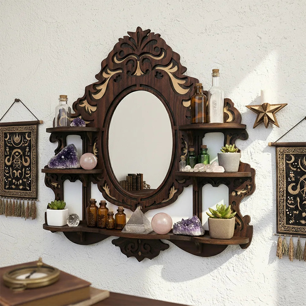 Wall Mounted Floating Shelves, Mirror Wooden Crystal Display Shelf,Gothic Home Decor, Boho Living Room Accessories