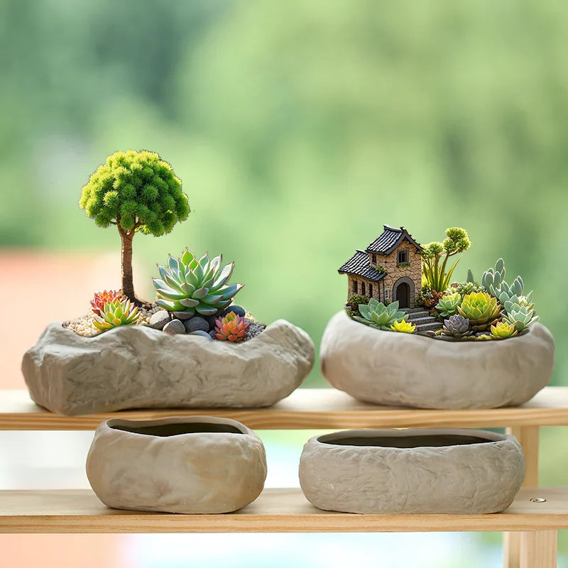 Imitation Stone Ceramic Succulent Pot Large Caliber Concave Convex Texture Desktop Micro Landscape Plant Planter