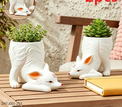 Fox Tail Ceramic Planter Pot in Pair of Foxes