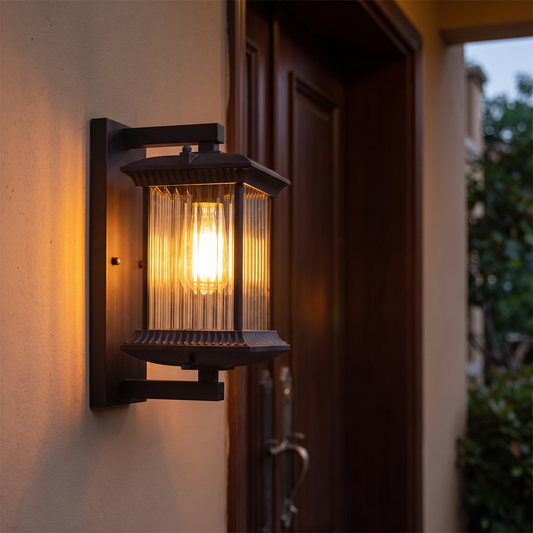 Dark bronze ribbed glass wall lantern lit beside a front door at dusk