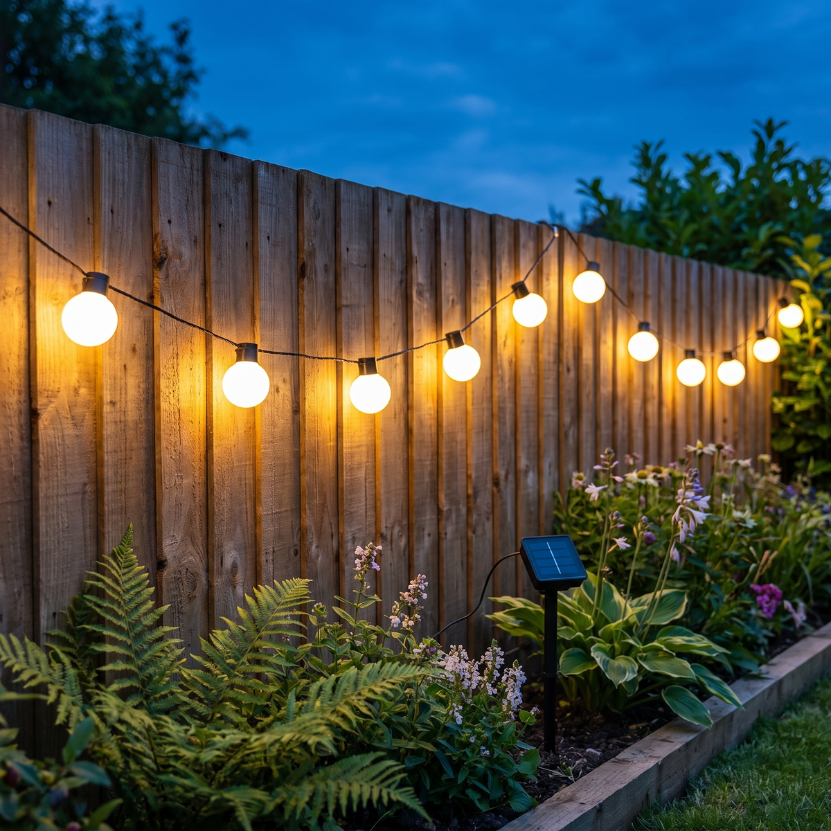 The same string lights running along a timber garden fence at blue hour