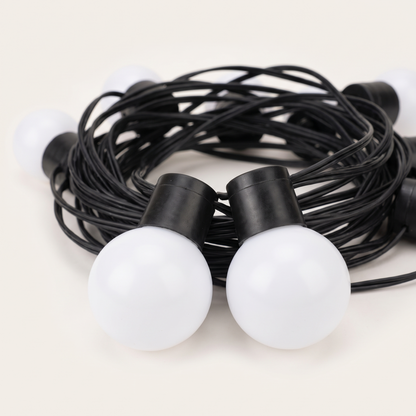 The light string coiled on a plain background, bulbs unlit