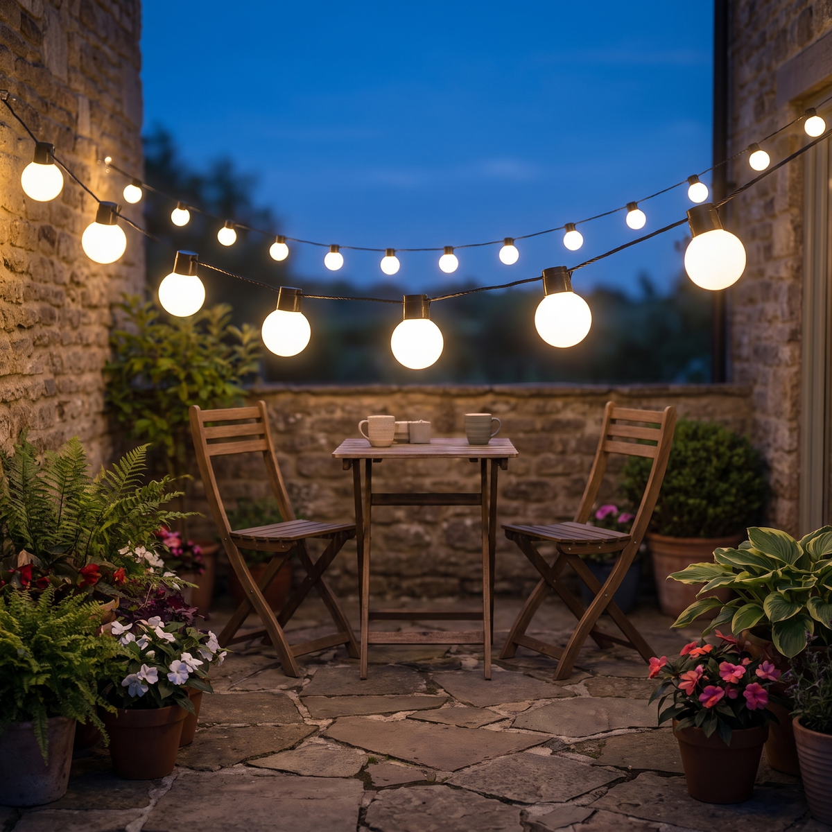 Solar bulb string lights hung above a stone patio at dusk