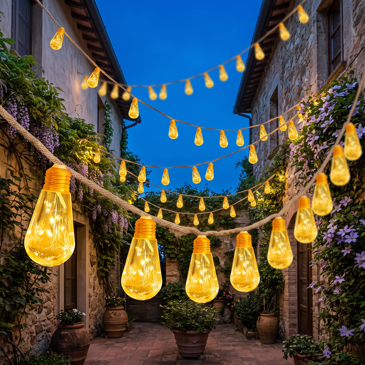 The same festoon lights strung across a courtyard at blue hour
