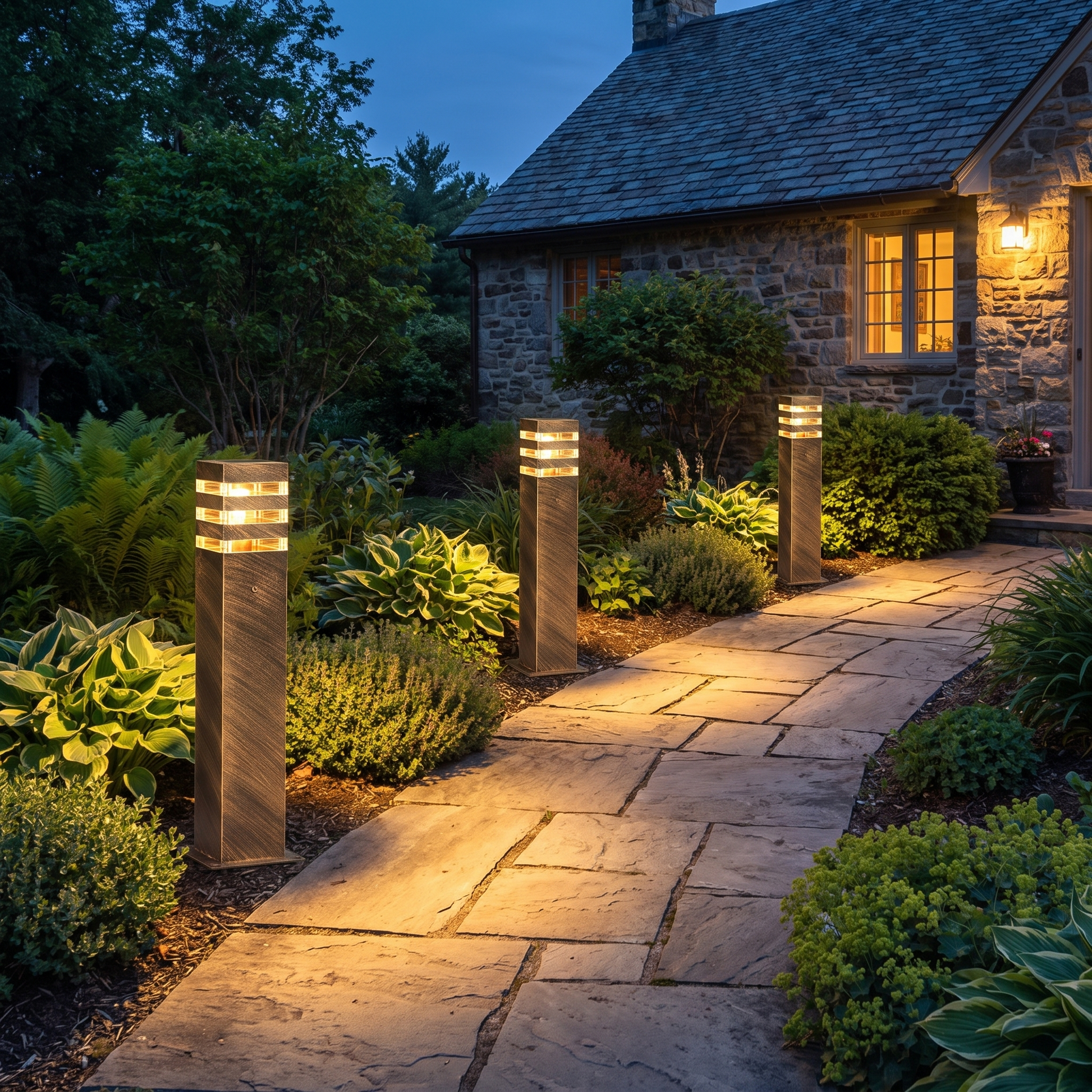 Three bollard lights along a stone path to a house at blue hour