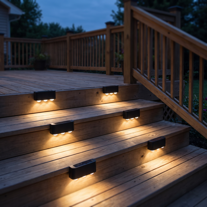 Solar step lights on the risers of a timber deck staircase at dusk