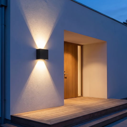 Up and down wall light beside a modern entrance at dusk