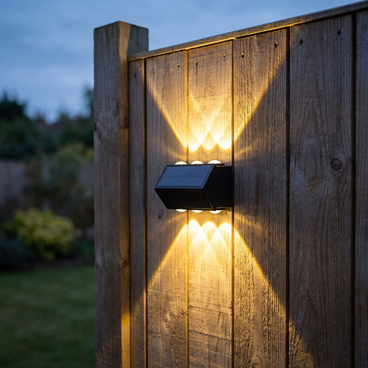 Solar up and down wall light on a timber fence panel at dusk