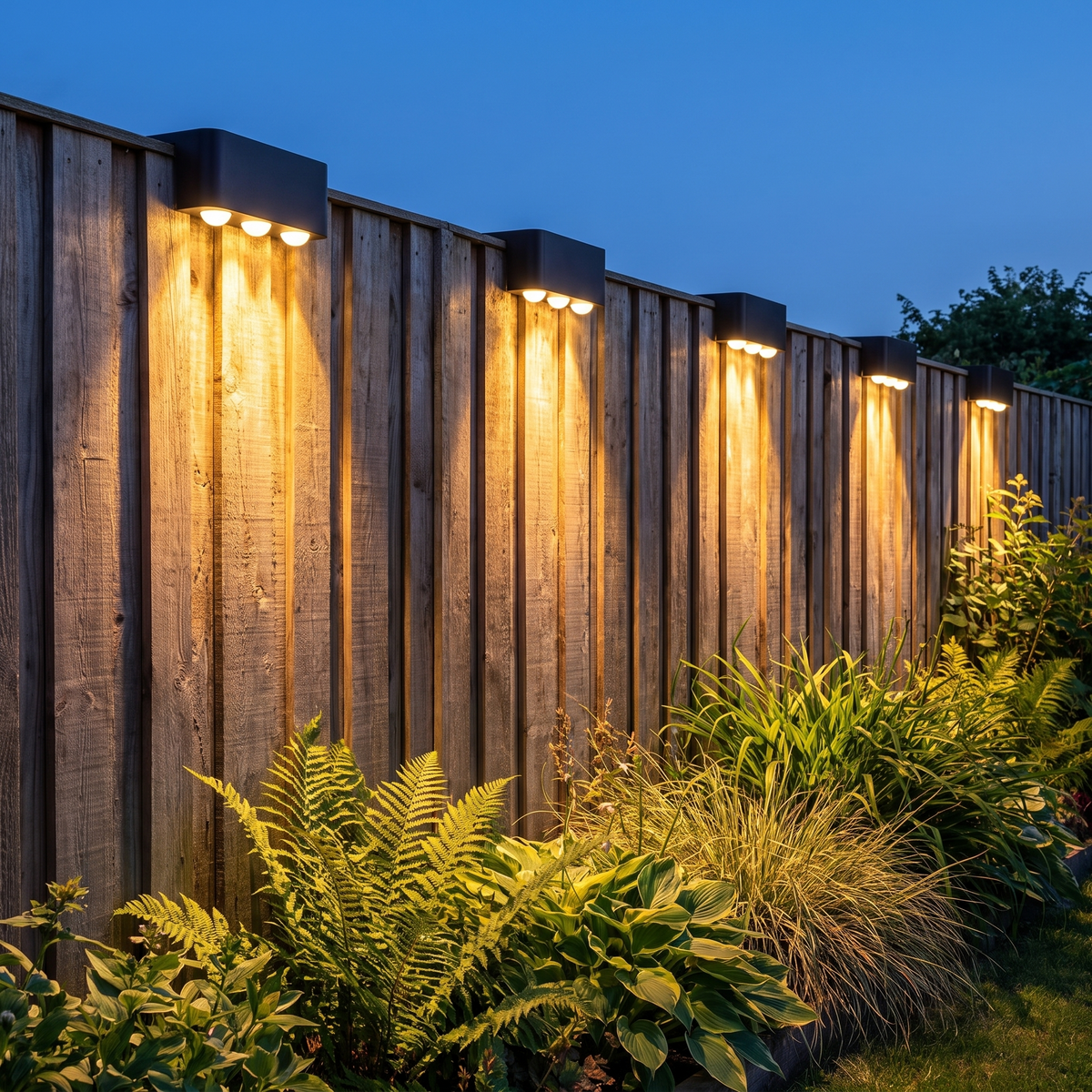 The same lights in a row along a timber fence at blue hour