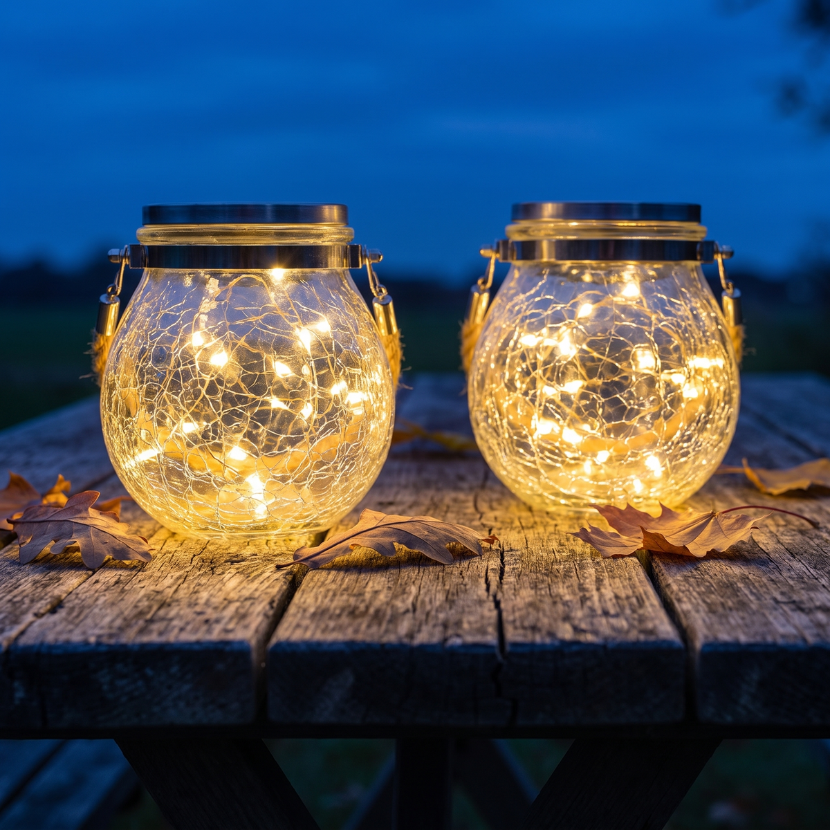 Two crackle glass jar lights on a wooden outdoor table at blue hour