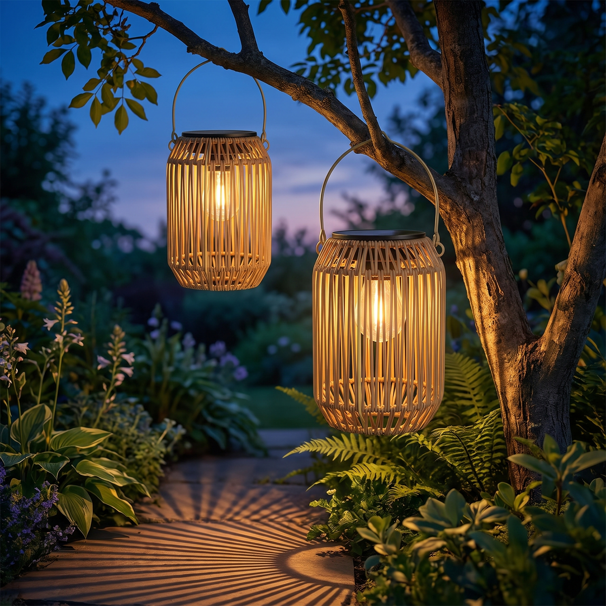 Two rattan solar lanterns hanging from a tree branch at blue hour