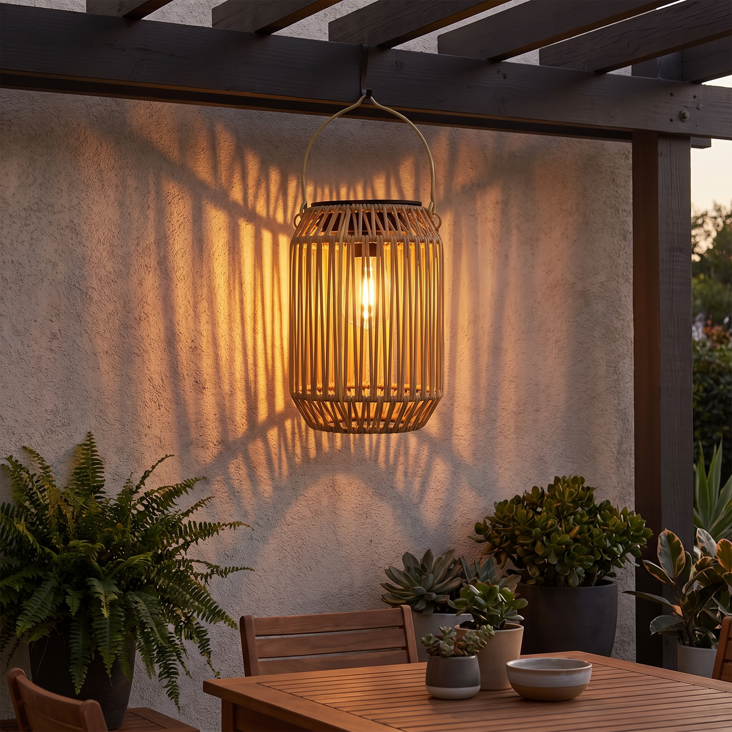 Woven rattan solar lantern hanging from a pergola at dusk