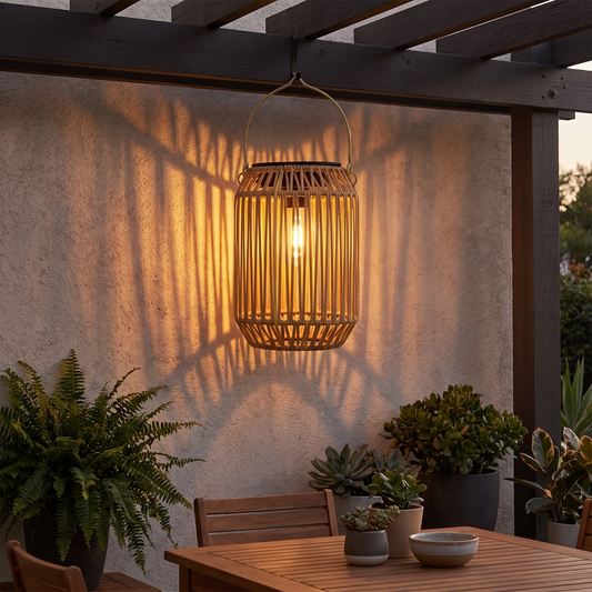 Woven rattan solar lantern hanging from a pergola at dusk
