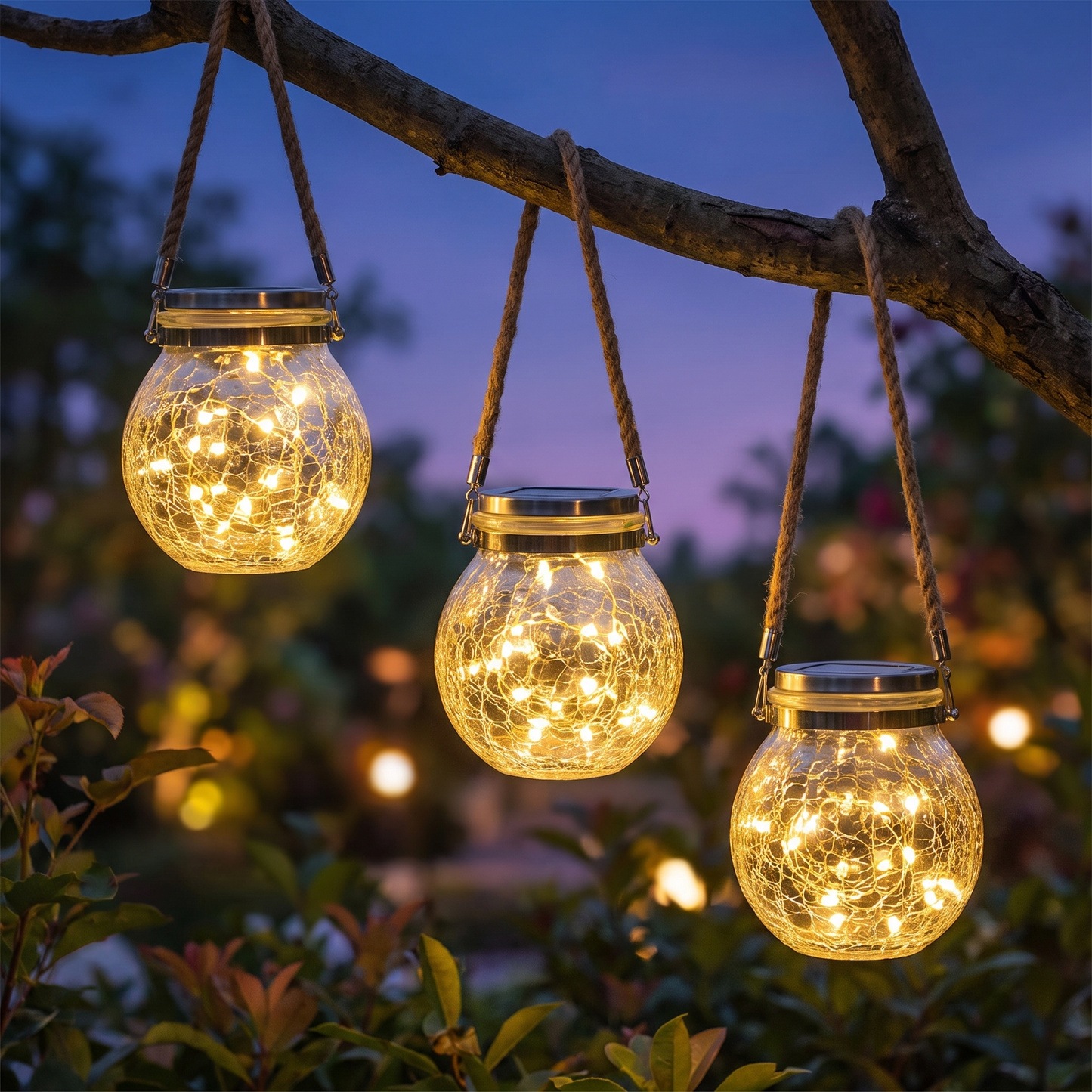 Three crackle glass solar jar lights hanging from a branch at dusk