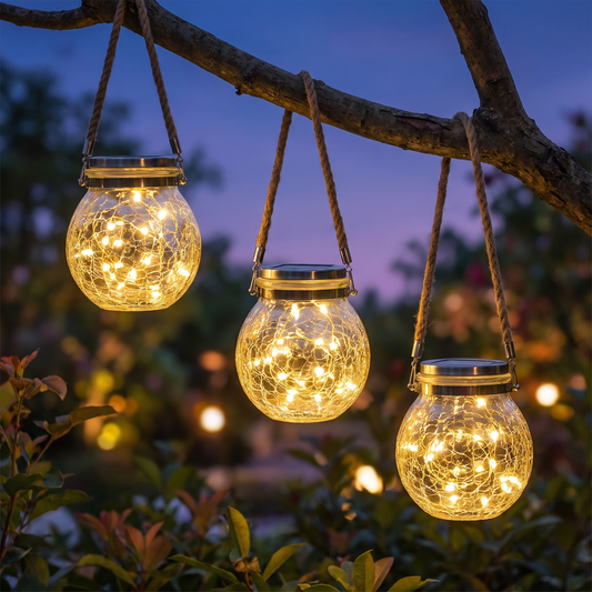 Three crackle glass solar jar lights hanging from a branch at dusk