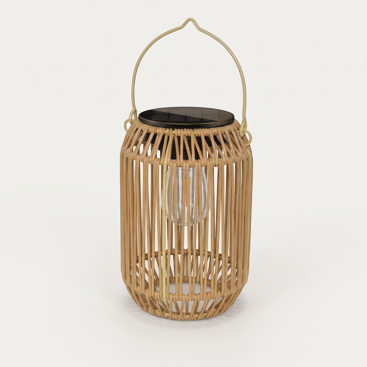 The woven rattan solar lantern on a plain background, unlit