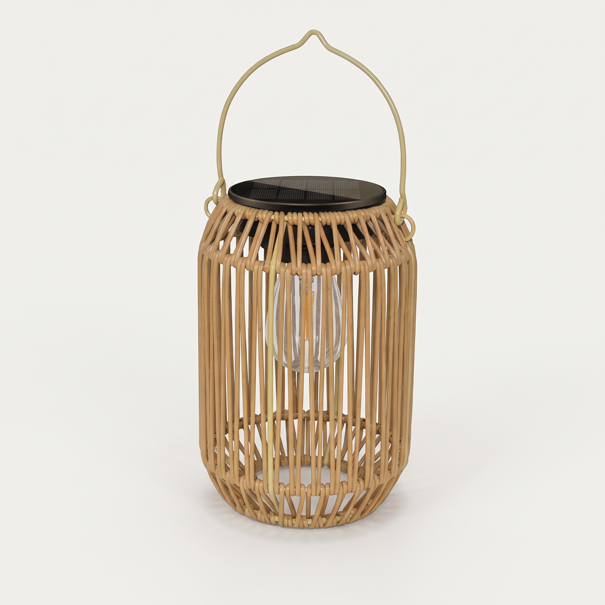 The woven rattan solar lantern on a plain background, unlit